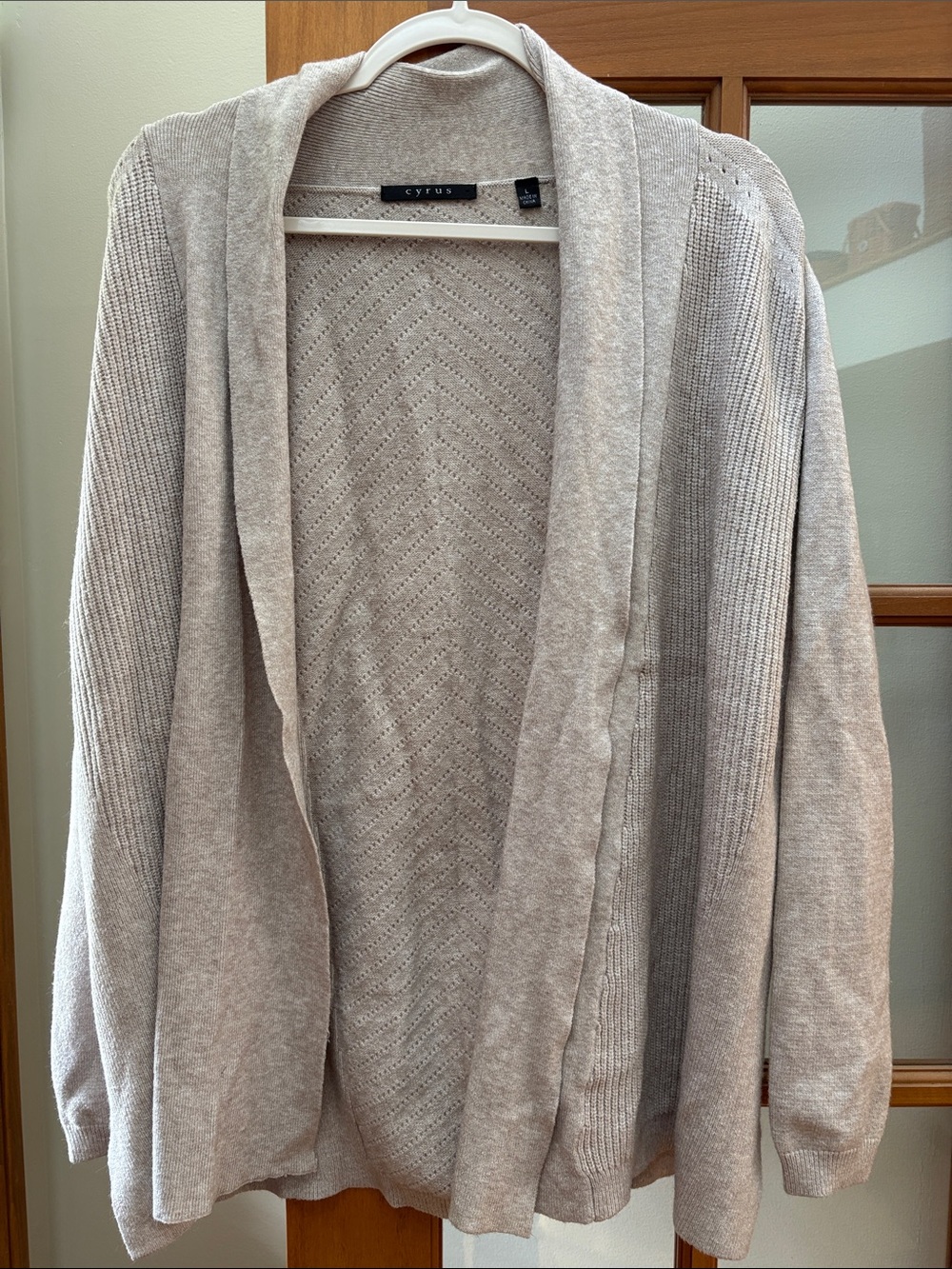 Cyrus Open-Front Shawl Collar Cardigan in Light Taupe